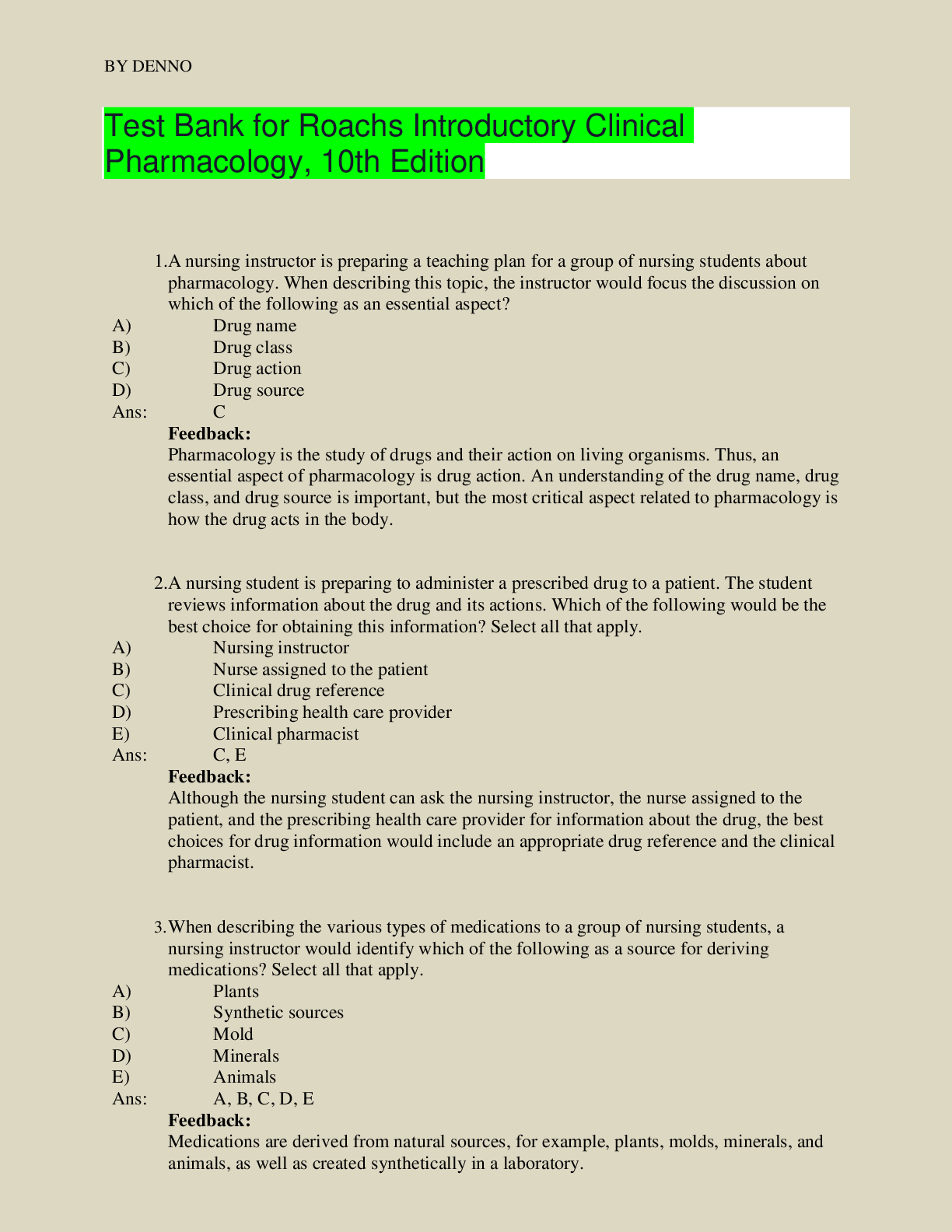 Preview image for Test Bank for Roachs Introductory Clinical Pharmacology, 10th Edition